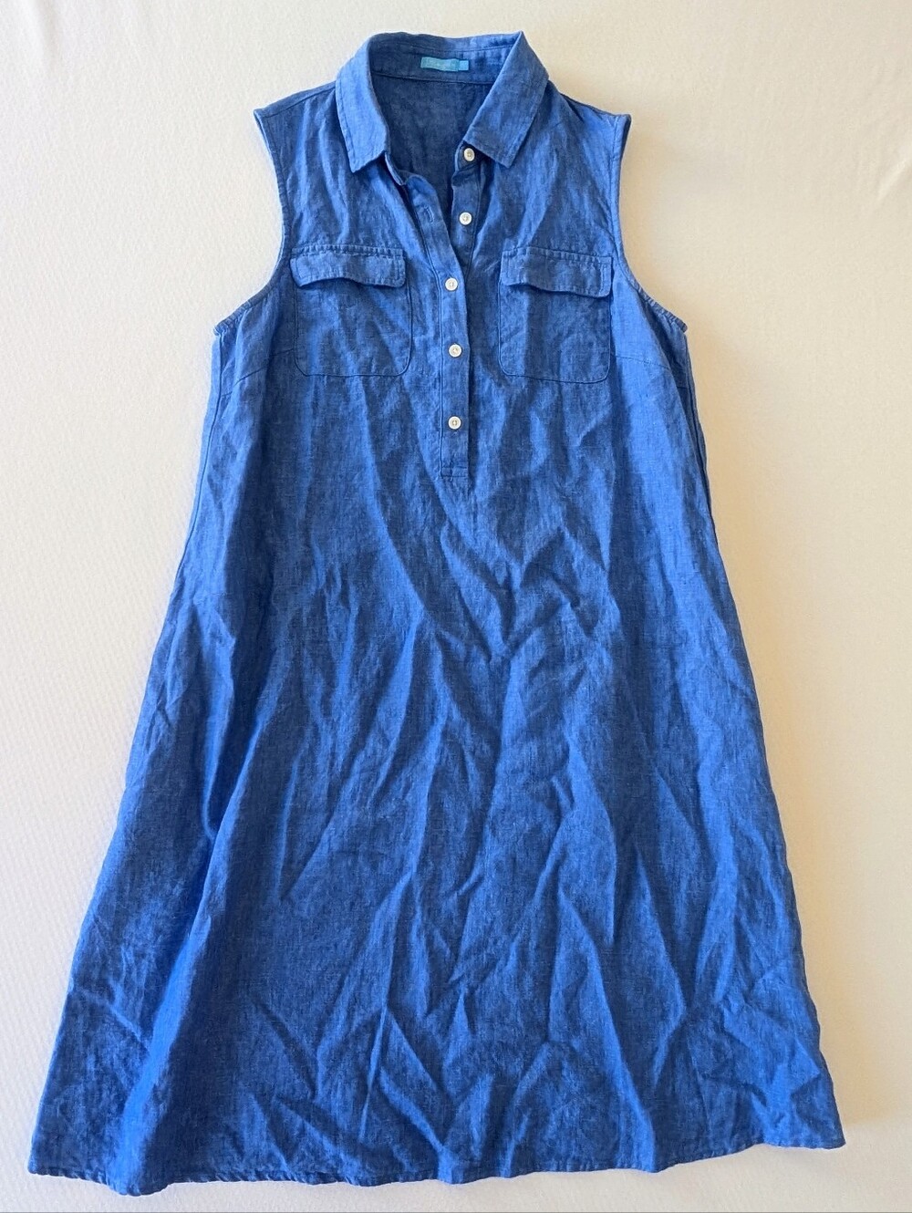 J McLaughlin Dress Blue Linen Sleeveless Shirt Collared Pockets Resort Sz XS